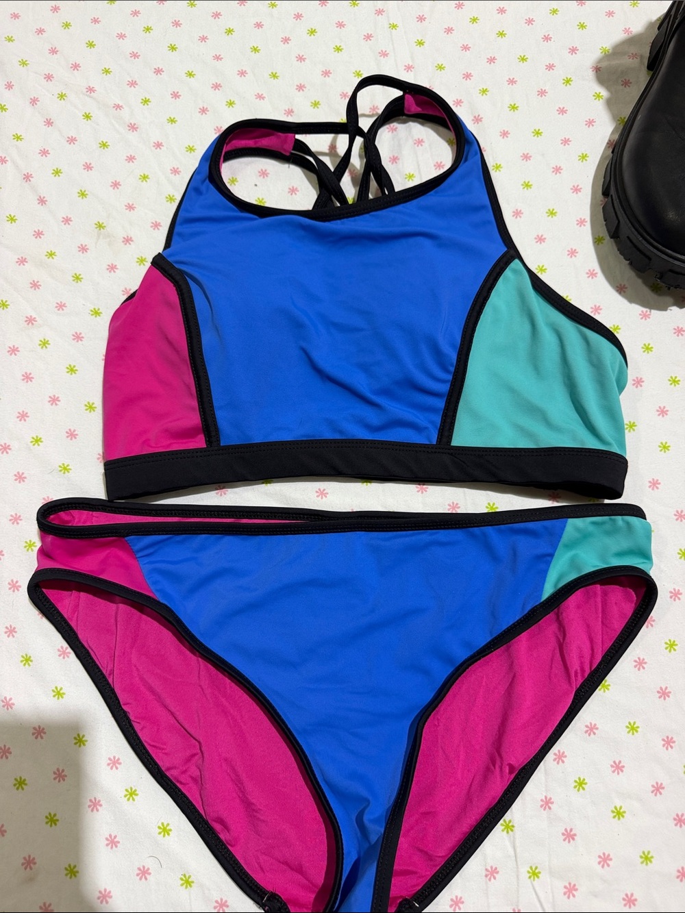 Women’s  Two-Piece Colorblock Swim Set - Blue, Pink & Teal
